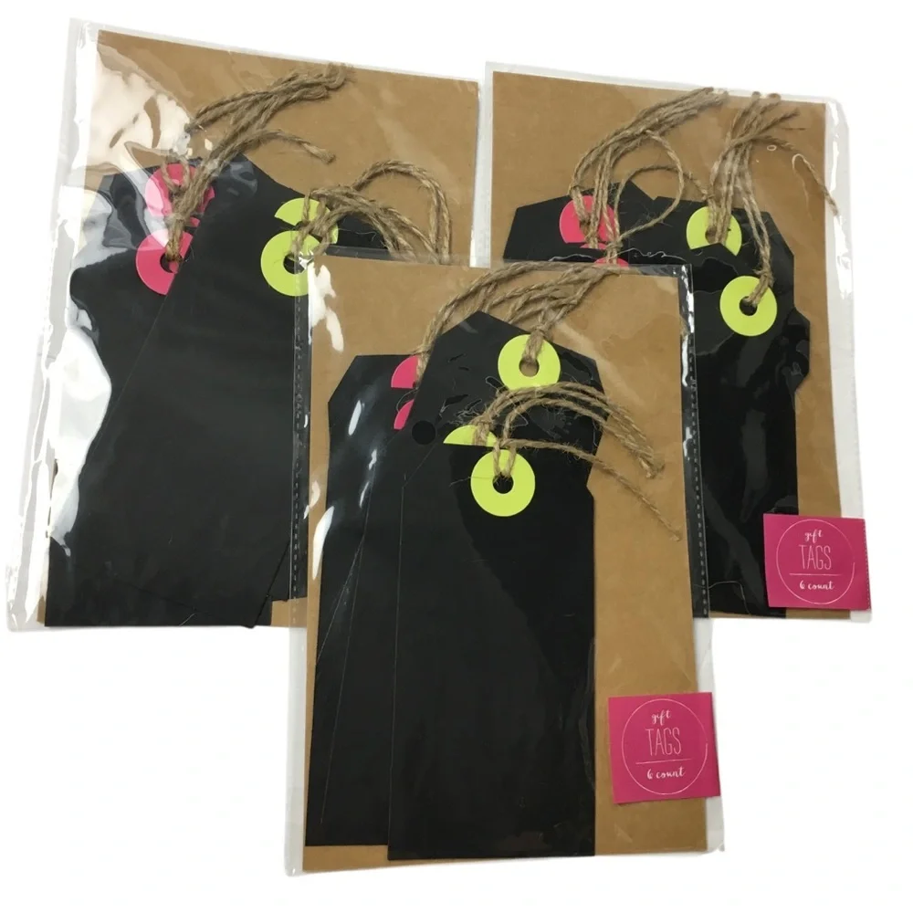 GIFT TAGS Black Chalk Neon Jute Strings 18 Total Die Cut Labeling Organizing NEW